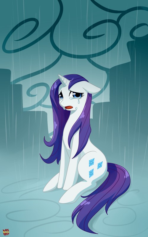 blue_eyes bodily_fluids crying cutie_mark female fur hair horn outside purple_hair raining solo tears white_body white_fur norang94 friendship_is_magic hasbro my_little_pony mythology rarity_(mlp) equid equine mammal mythological_creature mythological_equine unicorn 2014 5:8 hi_res