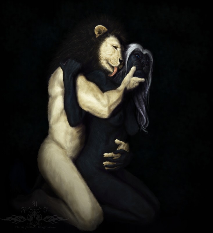 anthro black_background black_body black_fur breasts duo female fur hair intimate licking male melanistic personal_grooming romantic romantic_couple simple_background social_grooming tongue tongue_out white_hair ykoriana felid jaguar leopard lion mammal pantherine hi_res