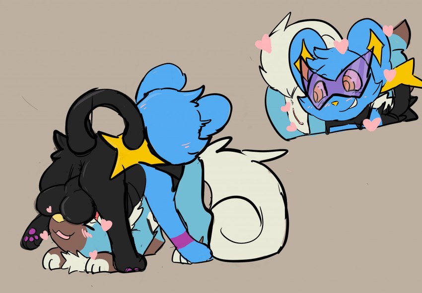 balls balls_on_face blue_body blue_fur duo female feral feral_on_feral fur genitals male male/female smile bloowolfy nintendo pokemon aries_(bloowolfy) generation_4_pokemon generation_7_pokemon pokemon_(species) rockruff shinx