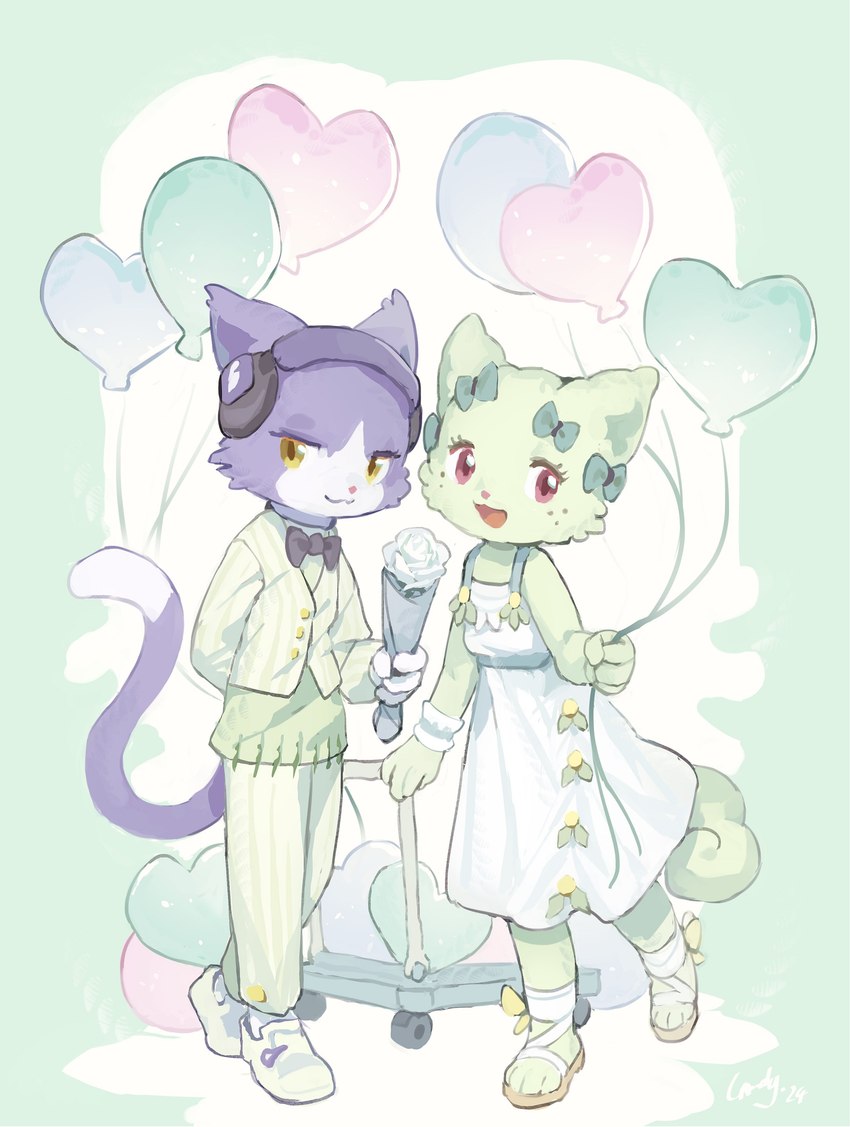 anthro balloon clothing dress duo electronics female footwear headphones heart_balloon inflatable sandals shoes suit landypommel beatcats sanrio sega sega_fave emma_(beatcats) layla_(beatcats) domestic_cat felid feline felis mammal absurd_res hi_res