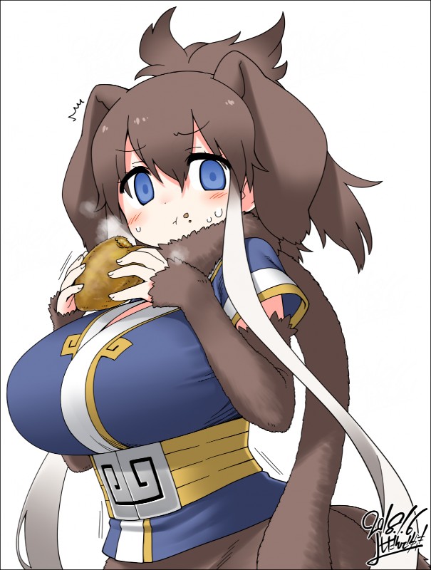 arm_warmers armwear big_breasts blue_eyes blush border breasts brown_hair clothed clothing eating female hair human_and_animal_ears multi_ear multicolored_hair scarf short_hair solo transparent_border white_hair yoshida_hideyuki kemono_friends woolly_mammoth_(kemono_friends) animal_humanoid elephantid humanoid mammal mammal_humanoid mammoth mammoth_humanoid prehistoric_species proboscidean proboscidean_humanoid 2017 alpha_channel hi_res signature watermark