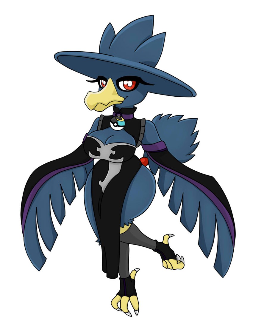 anthro armwear beak big_breasts black_body breasts claws clothed clothing dress feathers female footwear legwear pokeball red_eyes simple_background smile solo tail white_background wings urusee584 nintendo pokemon generation_2_pokemon murkrow pokemon_(species) hi_res