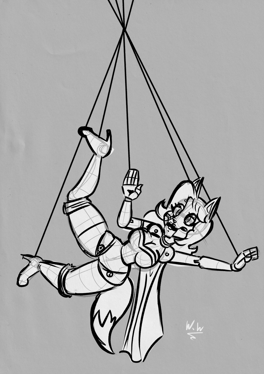 clothing footwear high_heels puppet shoes string superhero widdlywham canid canine fox mammal aurora_(disambiguation) absurd_res black_and_white hi_res monochrome sketch