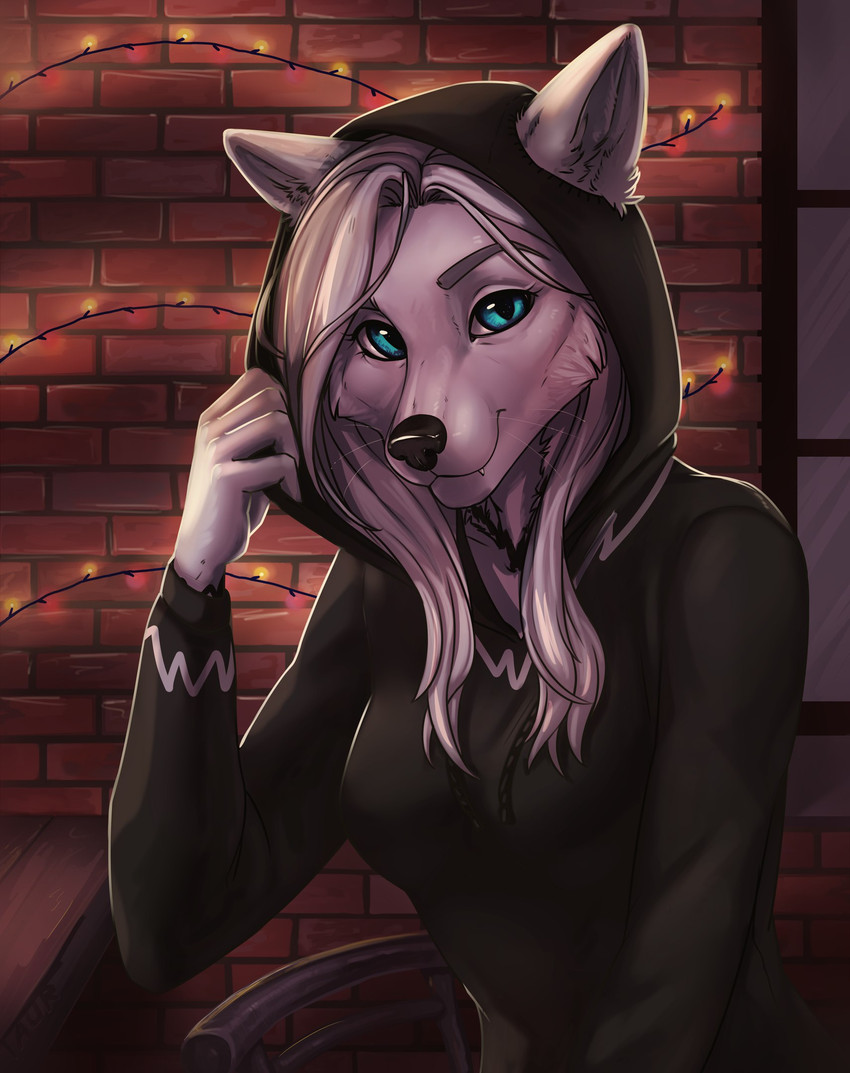 anthro black_clothing black_hoodie black_nose black_topwear clothed clothing female hair hoodie smile solo topwear white_hair taurusart canid canine canis mammal wolf digital_media_(artwork) hi_res