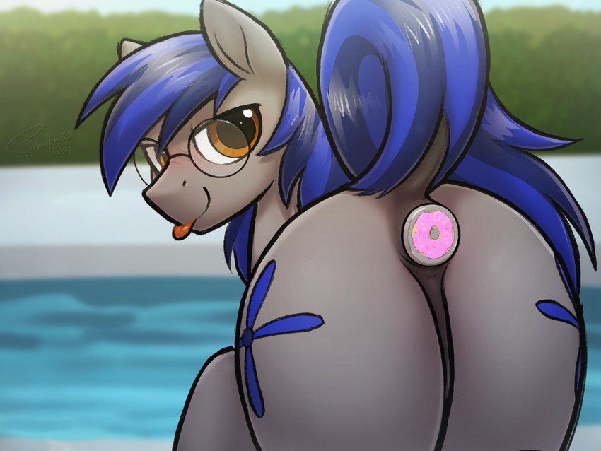 blue_hair blush brown_eyes buttplug cutie_mark dessert doughnut eyewear feral food glasses hair lidded_eyes male pastry plug_(sex_toy) pool raised_tail sex_toy smile solo tail tongue selenophile hasbro my_little_pony aerial_ace fan_character equid equine horse mammal pony 4:3 absurd_res hi_res