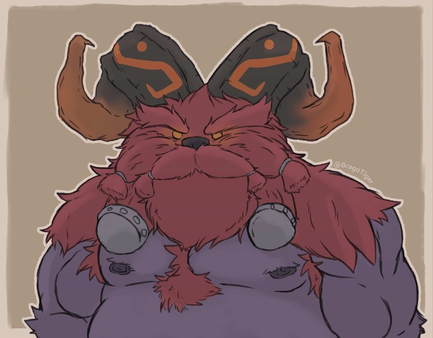 2_horns >:( anthro areola arm_tuft armpit_hair armpit_tuft beard belly black_areola black_body black_horn black_nipples black_nose black_skin body_hair border bovid_horn braided_beard braided_mustache broad_shoulders brown_background burly caprine_horn chest_hair chest_tuft closed_frown curled_horn dark_body dark_horn dark_nose dark_skin eyebrows facial_hair frown fur furrowed_brow glowing glowing_eyes grumpy half-closed_eyes horn horn_markings male manly markings mature_anthro mature_male moobs mouth_closed multicolored_horn muscular muscular_arms mustache narrowed_eyebrows narrowed_eyes nipples no_pupils orange_border outline overweight overweight_anthro overweight_male ram_horn red_armpit_hair red_body red_eyebrows red_eyes red_fur red_horn red_sclera sharp_horn shoulder_tuft simple_background slightly_chubby slightly_chubby_anthro slightly_chubby_male solo stocky thick_eyebrows tuft two_tone_horn white_outline bragotiger league_of_legends riot_games tencent ornn_(lol) bovid caprine demigod mammal half-length_portrait hi_res portrait