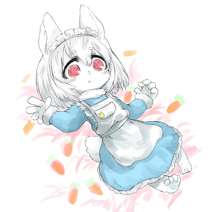 4_toes 5_fingers anthro blue_clothing carrot_print clothing feet female fingers fur maid_apron maid_headdress maid_uniform red_eyes scut_tail short_tail solo tail toes uniform white_body white_fur young young_anthro young_female ctog futaba_channel nijiura_maids jersey_wooly-san lagomorph leporid mammal rabbit 2019 hi_res