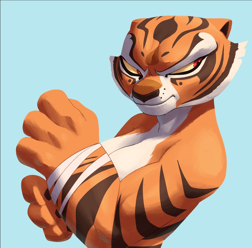 anthro athletic athletic_anthro athletic_female big_forearms black_body black_fur blue_background breasts cheek_tuft clothed clothing convenient_censorship countershading facial_tuft female forearms fur glistening glistening_eyes looking_aside multicolored_body muscular muscular_arms orange_body orange_fur red_eyes shadow simple_background solo striped_body striped_fur stripes topless tuft white_body white_fur wrap wraps wrist_wraps yellow_sclera inker_comics dreamworks kung_fu_panda master_tigress felid mammal pantherine tiger 2022 absurd_res hi_res