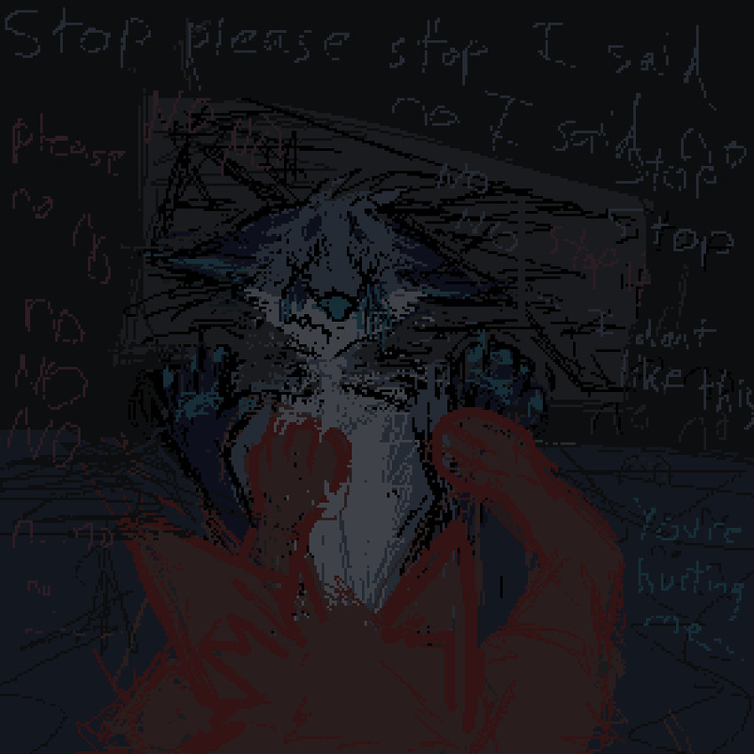 anthro anthro_on_anthro begging_for_mercy blue_body blue_fur blue_nose bodily_fluids brown_body brown_fur crying duo explicitly_stated_nonconsent forced fur male male/male rape sex tears text x_eyes demensa emil_(demensa) canid canine canis coyote domestic_dog hybrid mammal 1:1 2020 dark_theme digital_media_(artwork) english_text pixel_(artwork)