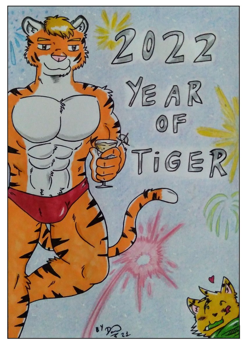 alcohol anthro barazoku beverage border bulge champagne clothing countershading fireworks male markers muscular pecs red_clothing red_underwear solo striped_body stripes underwear white_border dashthefox ralf_(vindico) felid mammal pantherine tiger 2022 absurd_res hi_res traditional_media_(artwork)