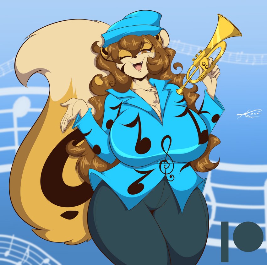 anthro big_breasts black_nose bottomwear brass_instrument breasts clothing female looking_at_viewer musical_instrument one_eye_closed pants shirt smile smiling_at_viewer solo topwear trumpet wind_instrument wink mastergodai rascals liona_mcgraw felid mammal pantherine tiger 2021