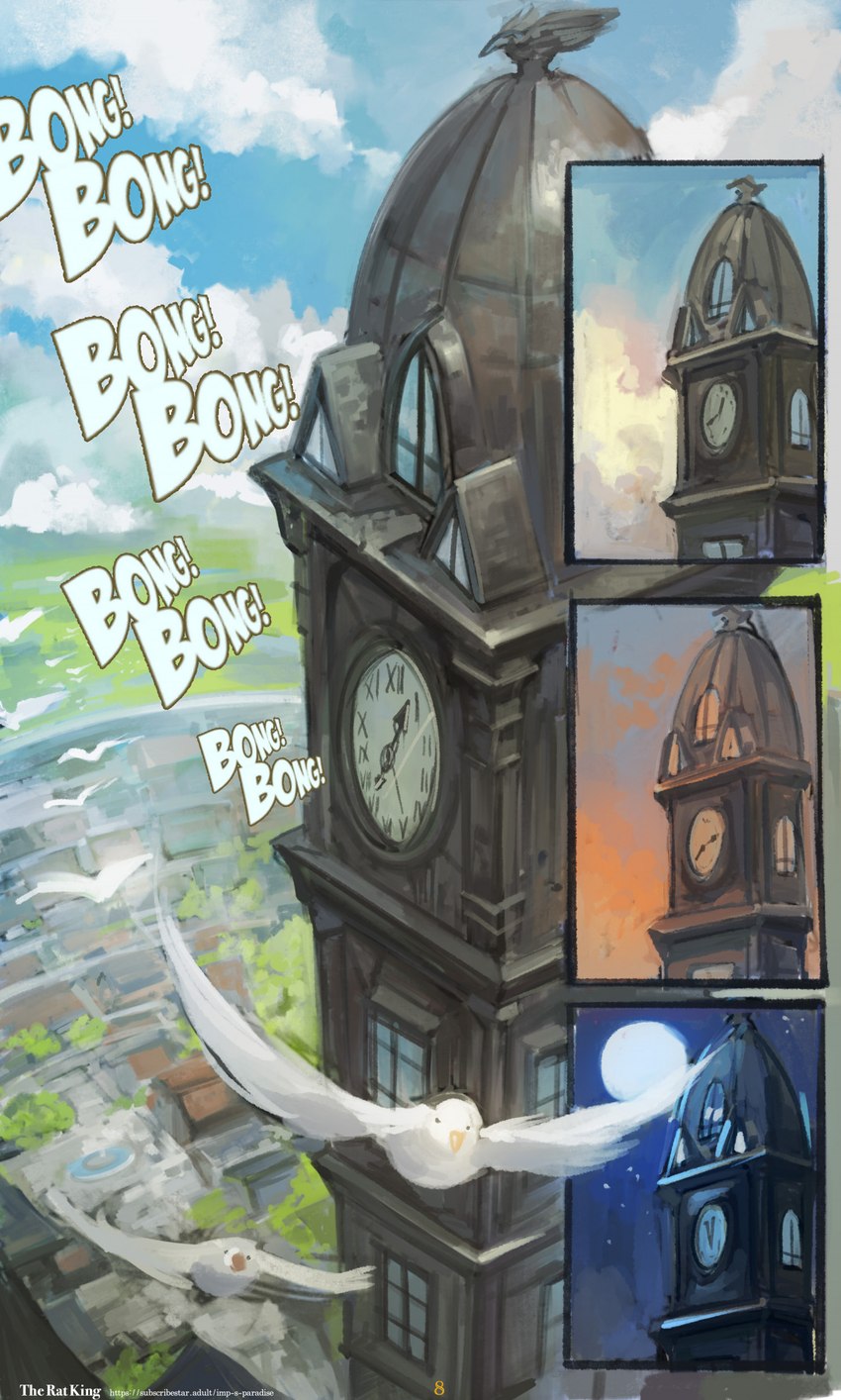 ambiguous_gender blue_sky building city clocktower day detailed_background feathers feral flying group moon night sky star sunset text time_lapse white_body white_feathers goroguro avian bird 2024 absurd_res colored comic english_text hi_res url