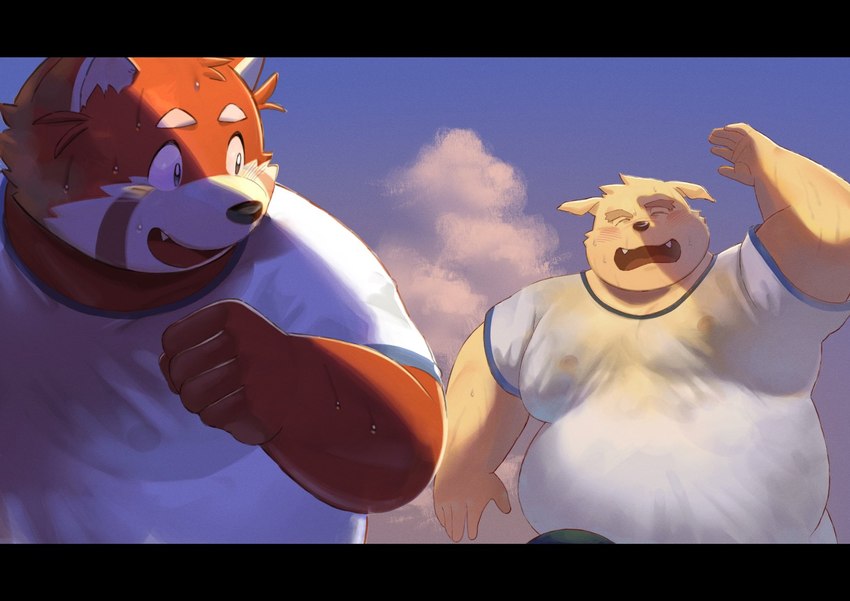 anthro belly big_belly clothing cloud duo eyes_closed humanoid_hands kemono male moobs orange_body outside overweight overweight_male running shirt topwear sv_grart trouble_(series) futaba_kotobuki namihira_kousuke ailurid canid canine canis domestic_dog mammal red_panda 2022 hi_res