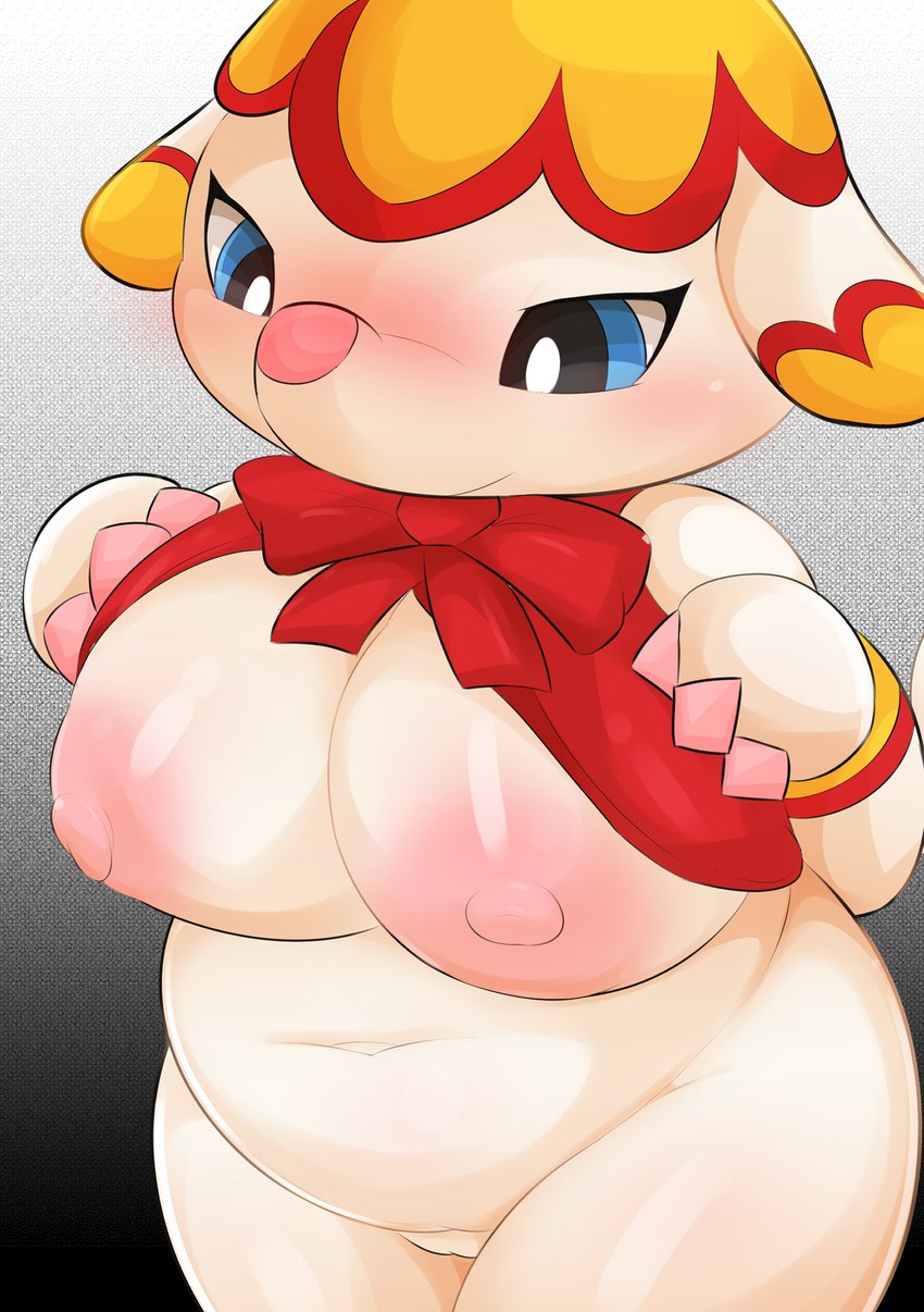 anthro areola big_breasts blue_eyes blush breasts elephant_toe_hands female genitals hand_on_breast huge_breasts looking_at_viewer nipples pussy solo thick_thighs yellow_body type animal_crossing nintendo margie_(animal_crossing) elephant elephantid mammal proboscidean absurd_res hi_res