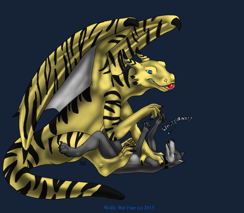 ball belly black_stripes blue_eyes digitigrade duo fur multicolored_body stripes tail yellow_belly yellow_body yellow_skin wolfywetfurr_(artist) mythology tlan_atolm canid canine canis dragon mammal mythological_creature mythological_scalie scalie wolf hi_res