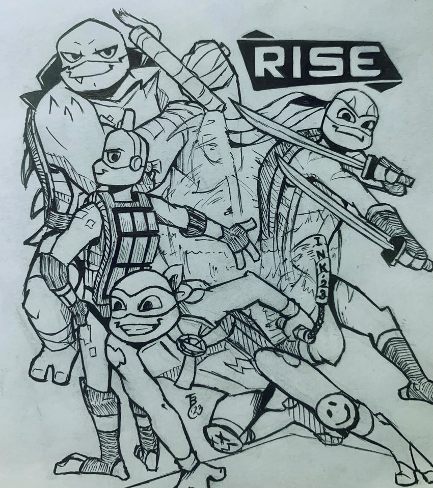 action_pose anthro clothed clothing grin group holding_melee_weapon holding_object holding_sword holding_weapon looking_at_viewer male melee_weapon pose smile sword weapon theblueberrycarrots inktober rise_of_the_teenage_mutant_ninja_turtles teenage_mutant_ninja_turtles donatello_(tmnt) leonardo_(tmnt) michelangelo_(tmnt) raphael_(tmnt) alligator_snapping_turtle box_turtle ornate_box_turtle pond_slider red-eared_terrapin reptile scalie snapping_turtle softshell_turtle spiny_softshell_turtle terrapin turtle 2023 absurd_res hi_res traditional_media_(artwork) brother_(lore) brothers_(lore) sibling_(lore)