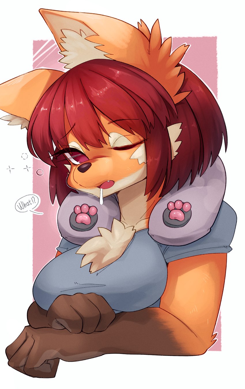 4_fingers anthro bodily_fluids breasts brown_body brown_fur brown_hair brown_nose chest_tuft clothed clothing cute_fangs dialogue drooling fangs female female_anthro fingers fur gloves_(marking) hair kemono markings neck_pillow one_eye_closed open_mouth orange_body orange_fur pillow red_eyes saliva shirt short_hair solo speech_bubble teeth text tired tongue topwear tuft waking_up white_body white_fur yellowparrottw yellowparrottw's_wolf canid canine mammal maned_wolf 2022 absurd_res bust_portrait digital_media_(artwork) english_text hi_res portrait signature