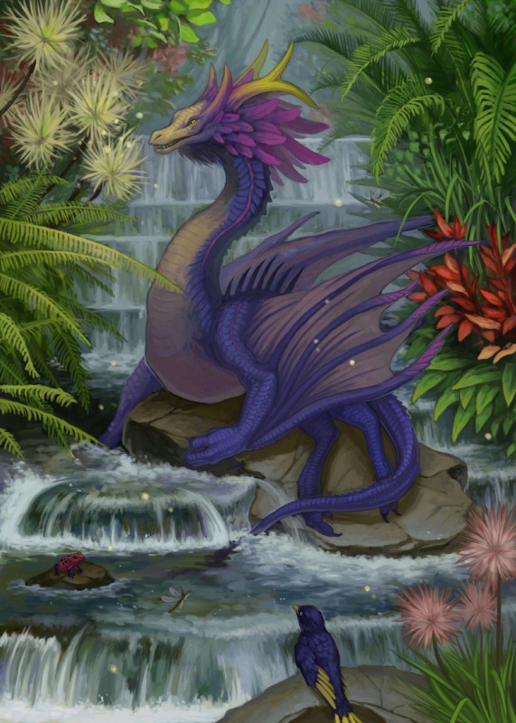 ambiguous_gender detailed_background fantasy feathered_wings feathers feral flower group horn insect_wings leaf lying membrane_(anatomy) membranous_wings nature nature_background on_rock outside plant purple_body purple_scales purple_tail rock scales scaly_tail solo_focus tail water waterfall wings yellow_eyes yellow_horn kemokemono mythology amphibian arthropod avian bird dragon dragonfly frog insect mythological_creature mythological_scalie poison_dart_frog scalie strawberry_poison-dart_frog hi_res