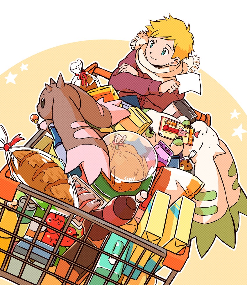 anthro beady_eyes beverage blonde_hair blue_eyes bread food groceries group hair horn long_ears male pez_dispenser scarf shopping shopping_cart soda trio gdn0522 bandai_namco digimon willis_(digimon) digimon_(species) human lagomorph leporid lopmon mammal rabbit terriermon hi_res