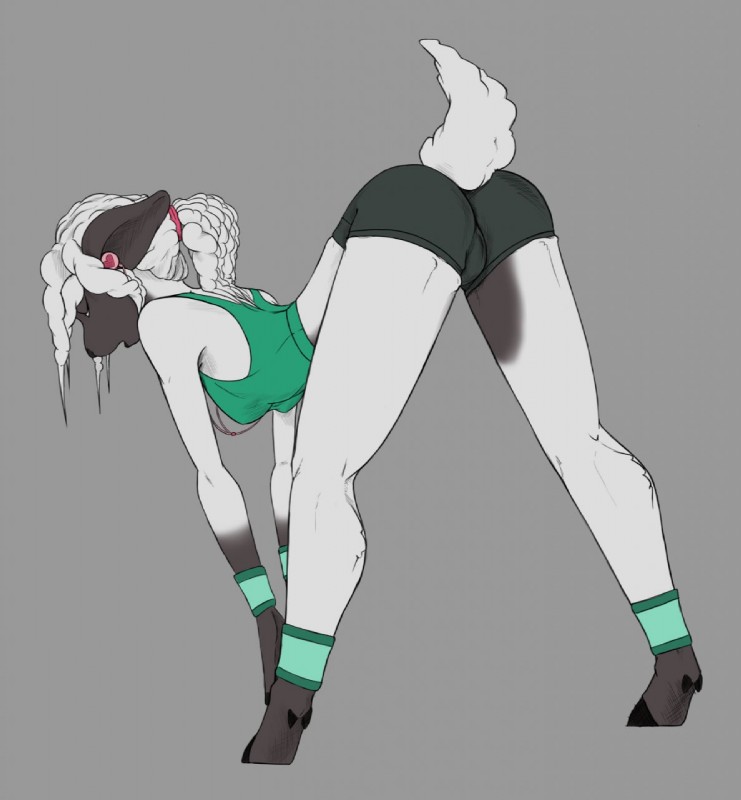 anthro bent_over butt clothed clothing female hooves jewelry rear_view simple_background solo stretching sweatband schitzofox angela_rhodes bovid caprine domestic_sheep mammal sheep 2014 hi_res