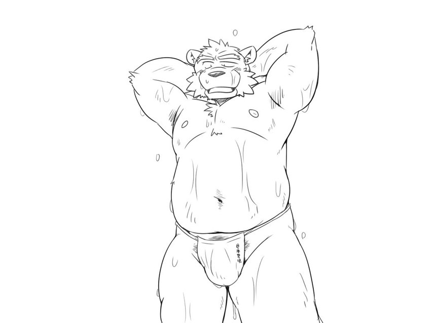 anthro belly bodily_fluids bulge clothing kemono male moobs navel nipples overweight overweight_anthro overweight_male simple_background solo sweat underwear white_background oogamikennta bear mammal 2018 4:3 monochrome