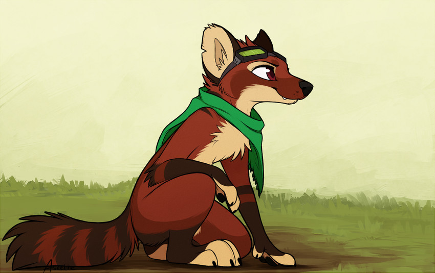 anthro black_nose brown_body brown_eyes brown_fur day detailed_background eyewear feet fingers fur goggles grass male mostly_nude outside plant scarf smile solo toes aseethe euplerid mammal ring-tailed_vontsira vontsira 2019 digital_media_(artwork) shaded