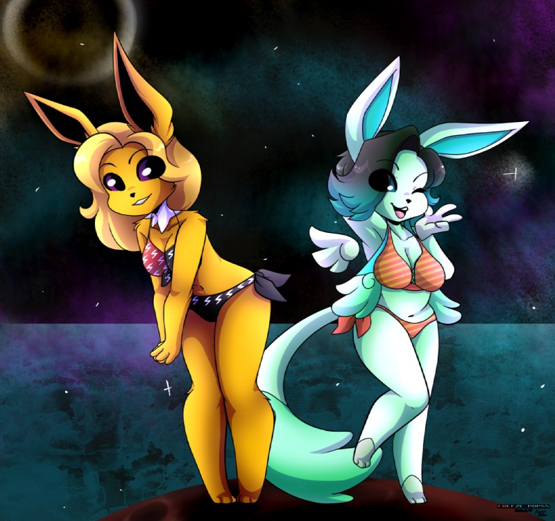 anthro black_hair blonde_hair blue_body blue_eyes blue_fur blue_hair clothing duo female fur grey_body grey_fur hair purple_eyes space swimwear white_body white_fur yellow_body yellow_fur freeze-pop88 nintendo pokemon fan_character eeveelution generation_1_pokemon generation_4_pokemon glaceon jolteon pokemon_(species)