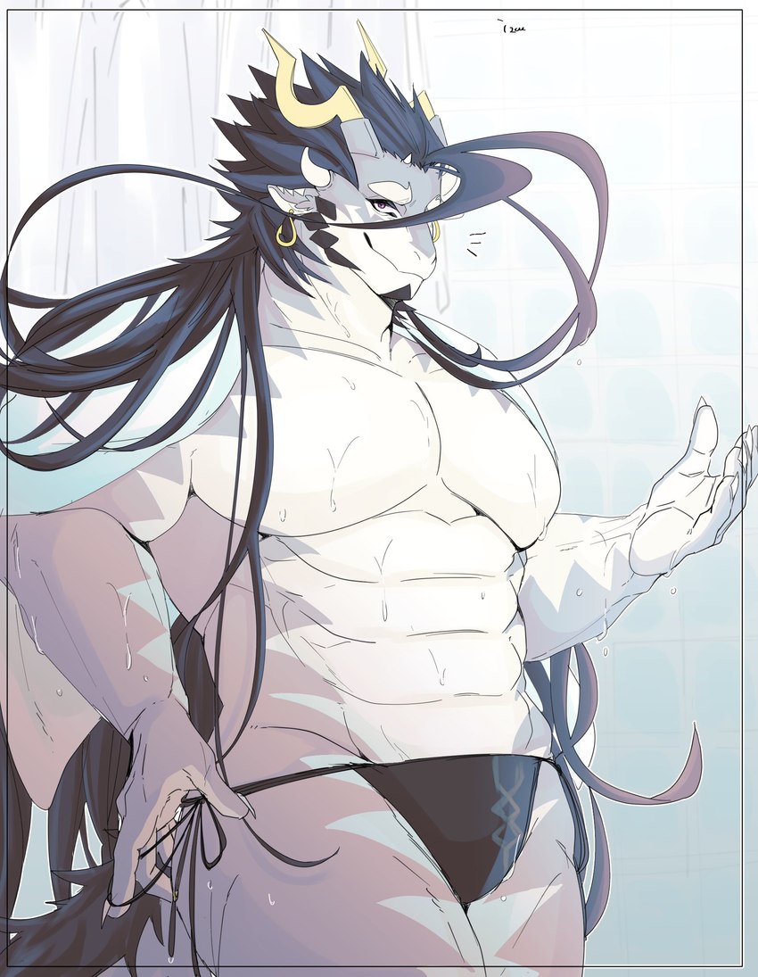 abs anthro black_hair claws clothed clothing grey_body grey_scales hair horn long_hair looking_at_viewer male muscular muscular_anthro muscular_male pecs scales smile solo speedo swimwear topless wet wet_body izm_rm7 lifewonders mythology tokyo_afterschool_summoners fuxi_(tas) dragon mythological_creature mythological_scalie scalie absurd_res hi_res