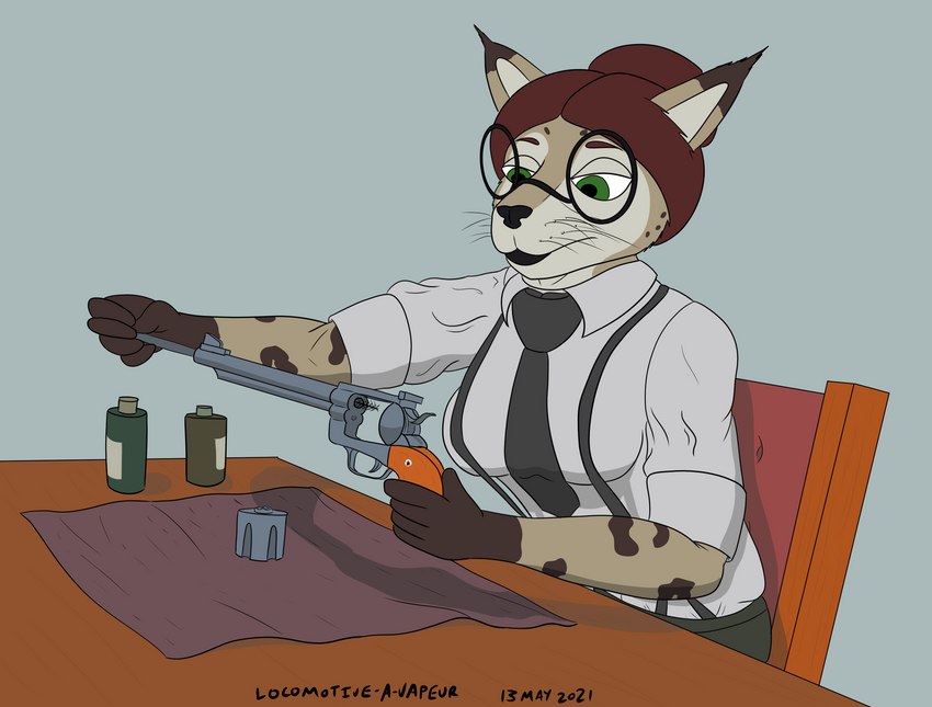 anthro cleaning_gun clothing eyewear female glasses gun handgun necktie ranged_weapon revolver rolled_up_sleeves solo suit suspenders weapon panzerschreckleopard ruger_(brand) bridgette_o'shane ruger_blackhawk canid canine canis domestic_dog felid feline hunting_dog lynx lynxuki mammal saluki sighthound 2021 hi_res