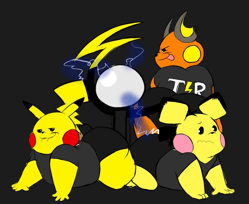 anthro anthrofied big_butt bite biting_lip butt electricity group huge_butt long_tail male male/male orange_body short_stack tail tesla_coil tongue tongue_out worried_look yellow_body chonkymouse nintendo pokemon pace_(blastoiseanimator) pedro_(blastoiseanimator) riley_(blastoiseanimator) generation_1_pokemon generation_2_pokemon pichu pikachu pokemon_(species) raichu