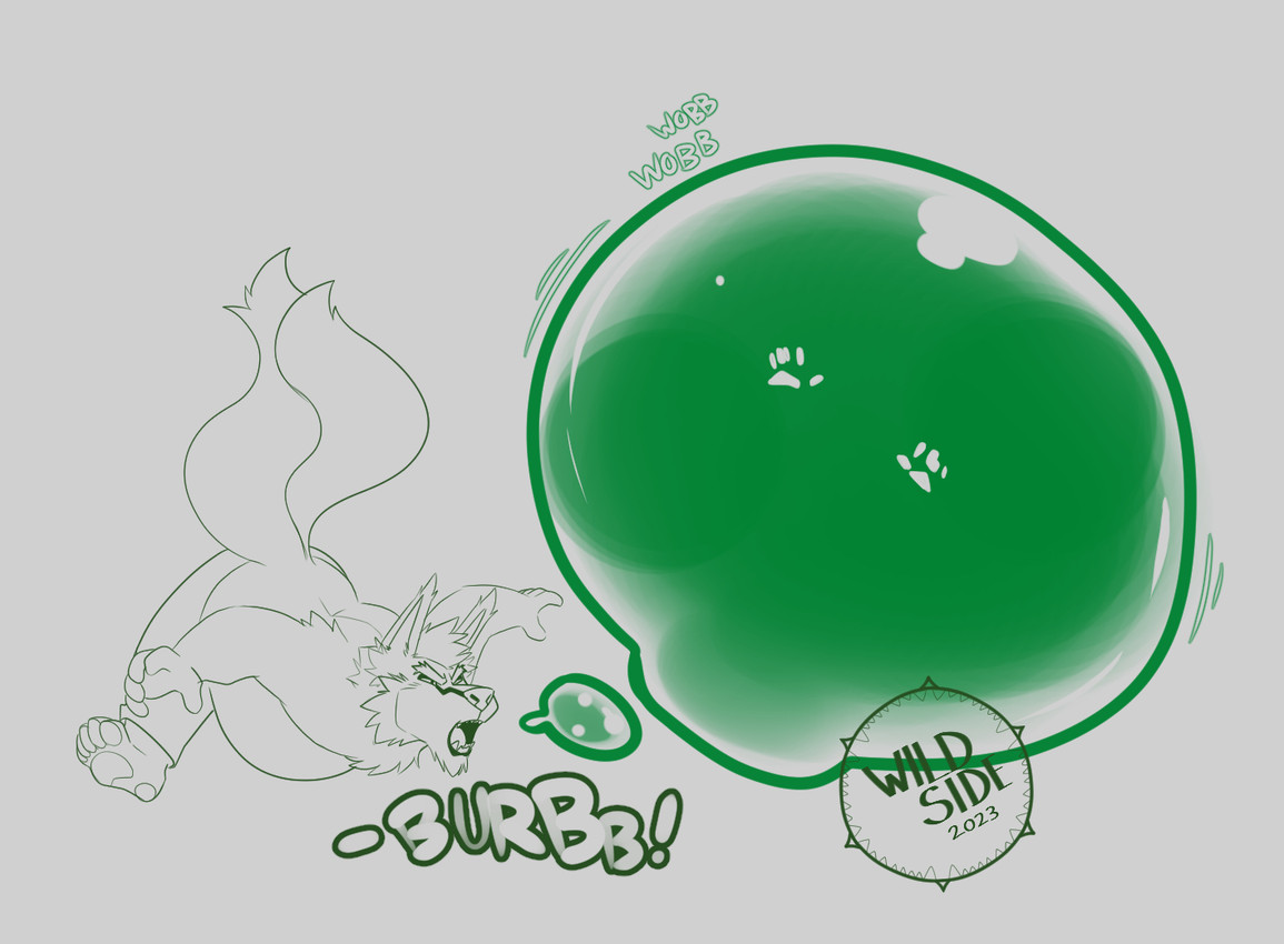 ambiguous_gender anthro belly belly_piercing big_belly bottomwear bubble burp_bubble burping clothing duo in_bubble inhale male nipple_piercing nipples open_mouth pants piercing rumbling_stomach shirtless trapped wildside ken_tsung_(wildside) canid canine fox mammal 2023 monochrome sketch
