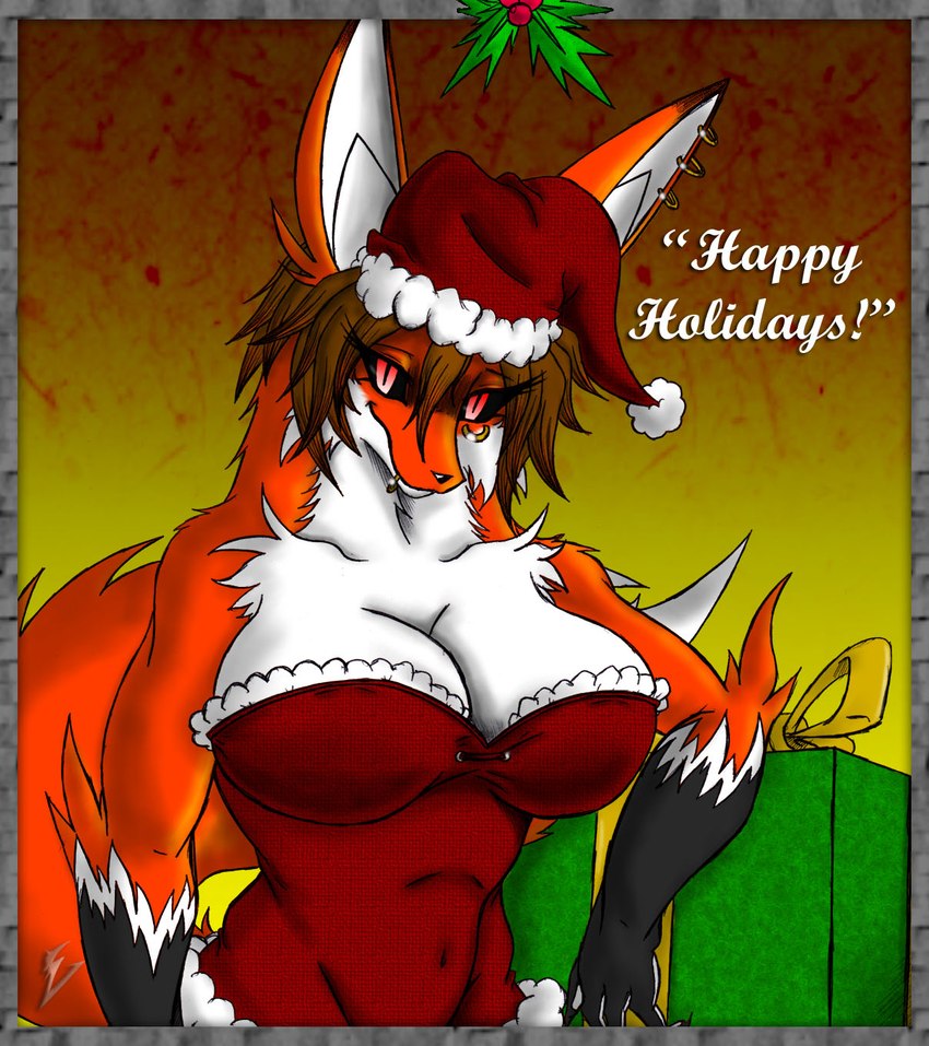 accidental_holly anthro big_breasts black_sclera box breasts christmas_clothing christmas_headwear clothed clothing container ear_piercing ear_ring facial_piercing female fur gift hat headgear headwear holiday_clothing holiday_message holidays holly_(plant) lip_piercing lip_ring multicolored_body multicolored_fur navel_outline orange_body orange_fur piercing plant red_eyes ring_piercing santa_hat solo text two_tone_body two_tone_fur white_body white_fur viroveteruscy christmas world_gates kitsune_urufu canid canine fox mammal 2012 english_text hi_res