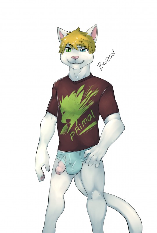 anthro briefs bulge clothing cute_fangs fangs foreskin genitals heterochromia male penis penis_poking_out pink_nose shirt simple_background solo standing t-shirt teeth topwear underwear bastionshadowpaw isaac_einfalt domestic_cat felid feline felis mammal absurd_res hi_res