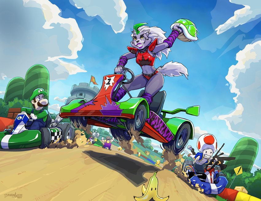 anthro biped breasts clothed clothing collar ear_piercing ear_ring female fingers group hair kart luigi_death_stare male outside piercing pupils racing ring_piercing smile spiked_collar spikes thick_thighs vehicle greasymojo five_nights_at_freddy's five_nights_at_freddy's:_security_breach mario_bros mario_kart nintendo scottgames steel_wool_studios luigi roxanne_wolf wario canid canine canis human mammal toad_(mario) wolf 2024 absurd_res digital_media_(artwork) hi_res meme