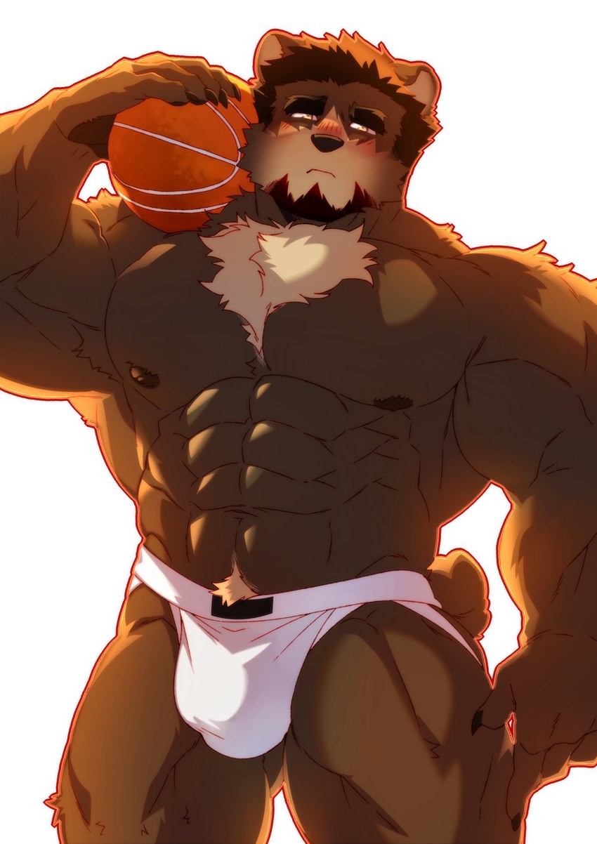 abs anthro ball ball_on_shoulder basketball_(ball) black_hair bulge carrying_another chest_tuft claws clothed clothing facial_hair facial_markings finger_claws goatee hair head_markings holding_basketball jockstrap jockstrap_only male markings muscular muscular_anthro muscular_male muscular_thighs muzzle_(marking) nipples object_on_shoulder obliques on_shoulder pawpads pecs serratus small_tail solo standing tail topless tuft underwear underwear_only white_clothing white_jockstrap white_underwear yellow_eyes booboo34 alexei_zoloto bear brown_bear mammal ursine 2022 absurd_res hi_res