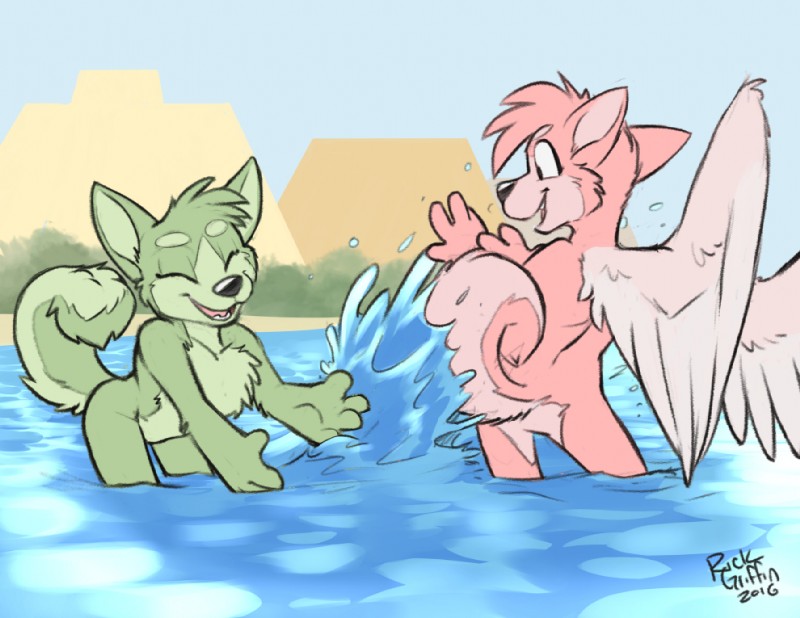 anthro day denizens_of_heaven duo eyes_closed feathered_wings feathers female fur green_body green_fur heaven legs_in_water open_mouth outside partially_submerged pink_body pink_fur sky smile splash submerged_legs water wings rick_griffin housepets! spring_(housepets!) summer_(housepets!) canid canine canis domestic_dog husky mammal nordic_sled_dog spitz 2016 signature