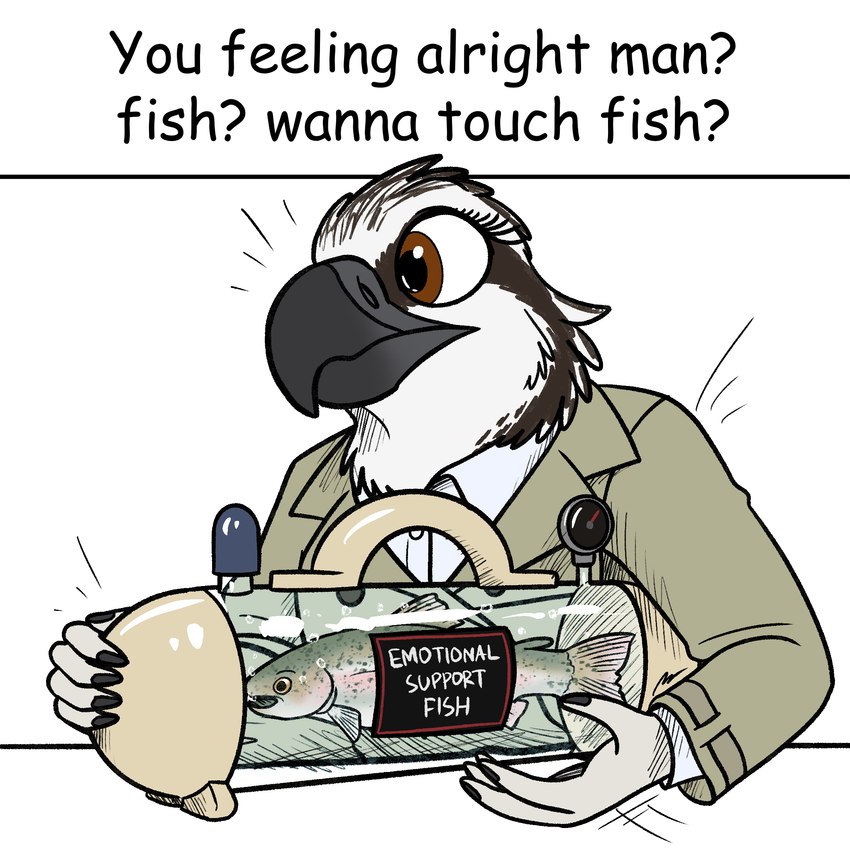 clothing coat emotional_support_animal female text topwear trenchcoat fish_birb boobs?_wanna_touch_boobs? lizzy_(fish_birb) accipitriform avian bird fish marine osprey rainbow_trout salmonid_(fish) 1:1 comic_sans english_text hi_res meme