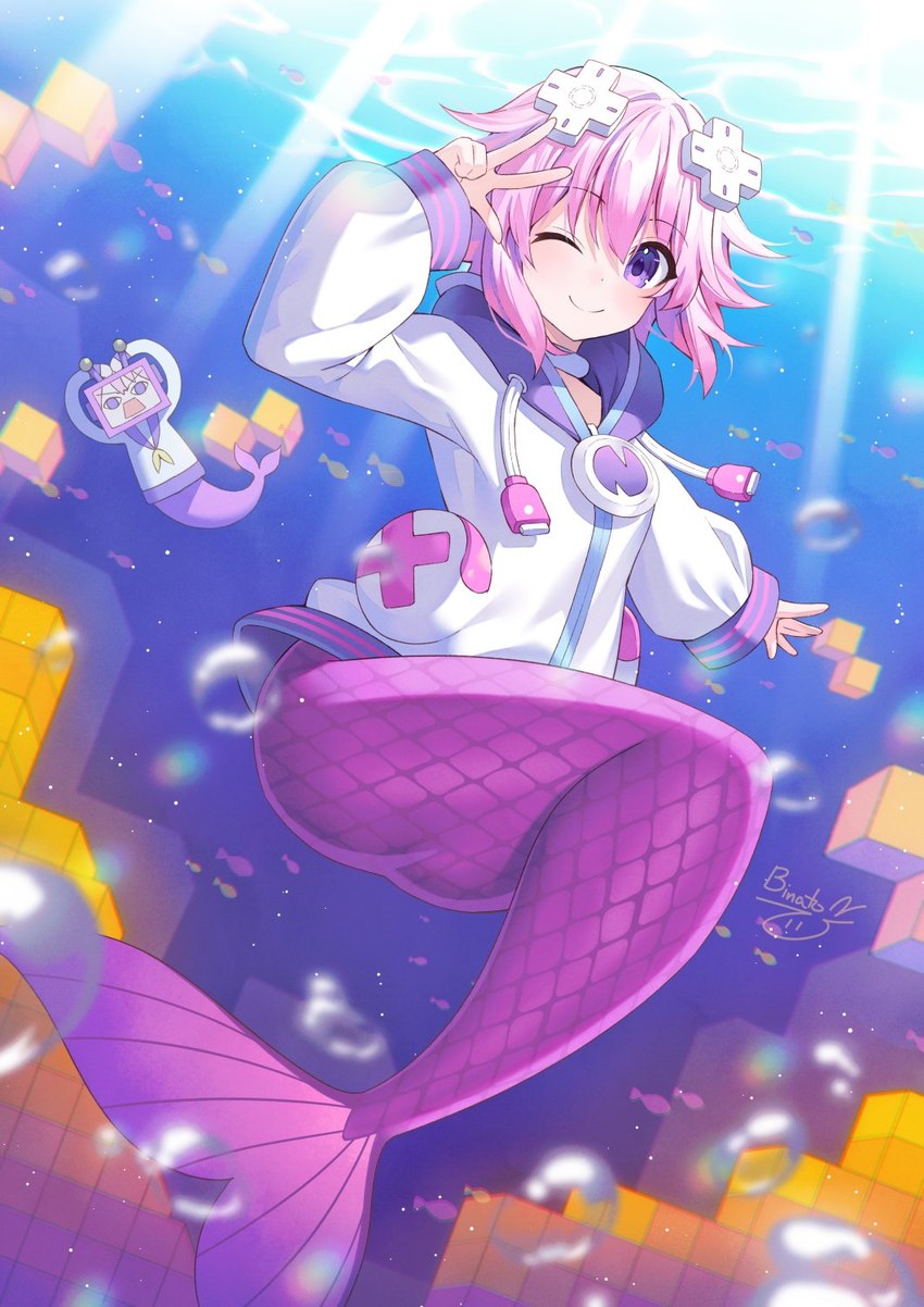 accessory clothed clothing d-pad female flat_chested hair hair_accessory jacket mermaid_tail purple_eyes purple_hair topwear underwater underwater_scenery water binato hyperdimension_neptunia neptune_(neptunia) animal_humanoid cpu_(goddess) fish humanoid mammal marine hi_res