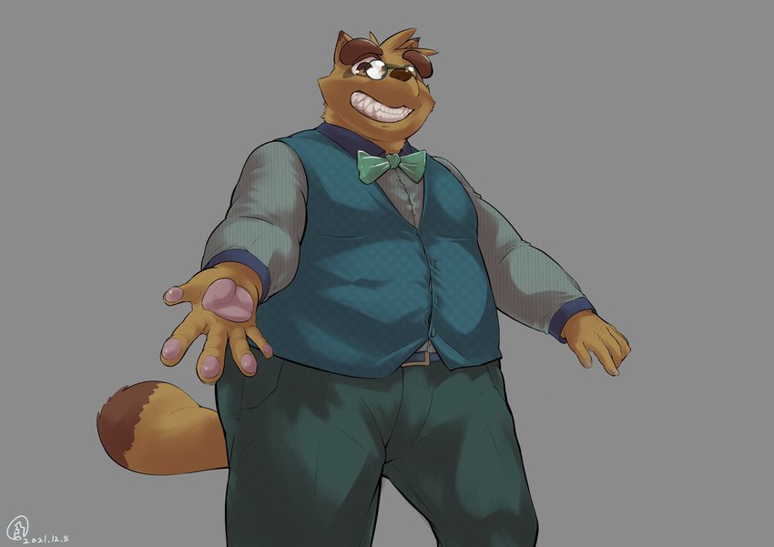 anthro belly bottomwear bow_tie brown_body brown_fur clothing eyewear fur glasses humanoid_hands kemono male overweight overweight_male pants shirt simple_background solo topwear mesidukainumaru morenatsu kounosuke_(morenatsu) canid canine mammal raccoon_dog tanuki 2021 hi_res