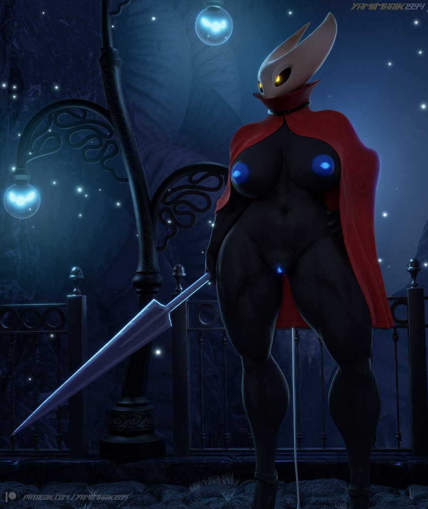 anthro black_body black_sclera blue_nipples blue_pussy breasts cape cavern cloak clothing detailed_background female fence genitals glowing glowing_genitalia glowing_nipples glowing_pussy grass hand_on_hip holding_object holding_weapon horn looking_offscreen mostly_nude navel nipples non-mammal_breasts non-mammal_navel non-mammal_nipples patreon_logo plant pussy red_clothing royalty solo standing street_lamp text weapon yellow_eyes yamimarik1994 valorlynz_(modeler) hollow_knight patreon team_cherry hornet_(hollow_knight) arthropod insect 3d_(artwork) absurd_res blender_(artwork) digital_media_(artwork) hi_res huge_filesize signature url