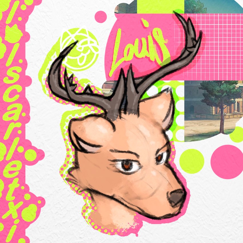 anthro antlers brown_eyes graphic_design horn logo male memphis_design solo y2k_(graphic_design) feral4everart lolscarletxi beastars louis_(beastars) cervine deer mammal red_deer 1:1 colorful_theme headshot_portrait hi_res portrait