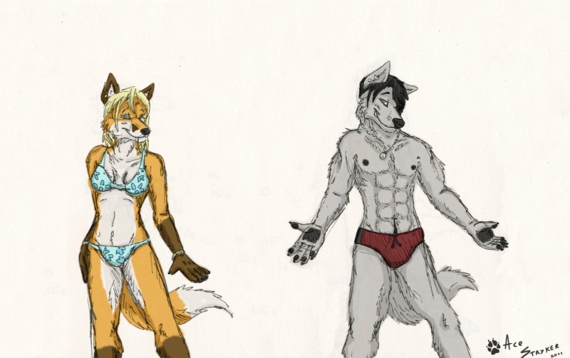 anthro athletic bikini blonde_hair blue_eyes clothed clothing dipstick_tail duo female hair looking_at_viewer male markings skimpy speedo swimwear tail tail_markings tight_clothing two-piece_swimsuit ace_stryker canid canine canis fox mammal wolf 2011 hi_res