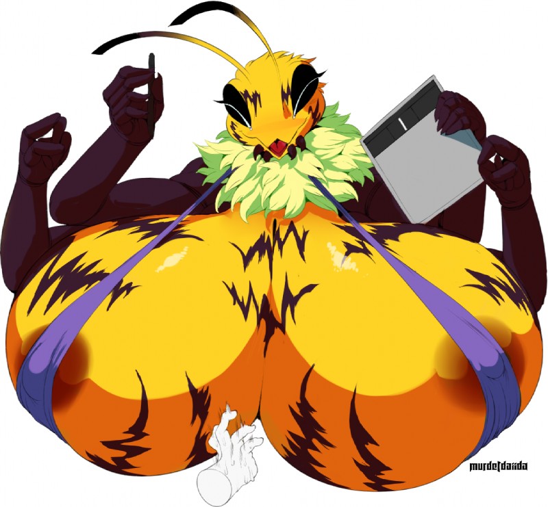 4_arms antennae_(anatomy) anthro areola big_breasts breasts disembodied_hand duo female huge_breasts hyper hyper_breasts multi_arm multi_limb nipple_outline non-mammal_breasts simple_background solo_focus white_background daiidalus beegirl_(vhsdaii) arthropod bee hymenopteran insect 2018 digital_media_(artwork)