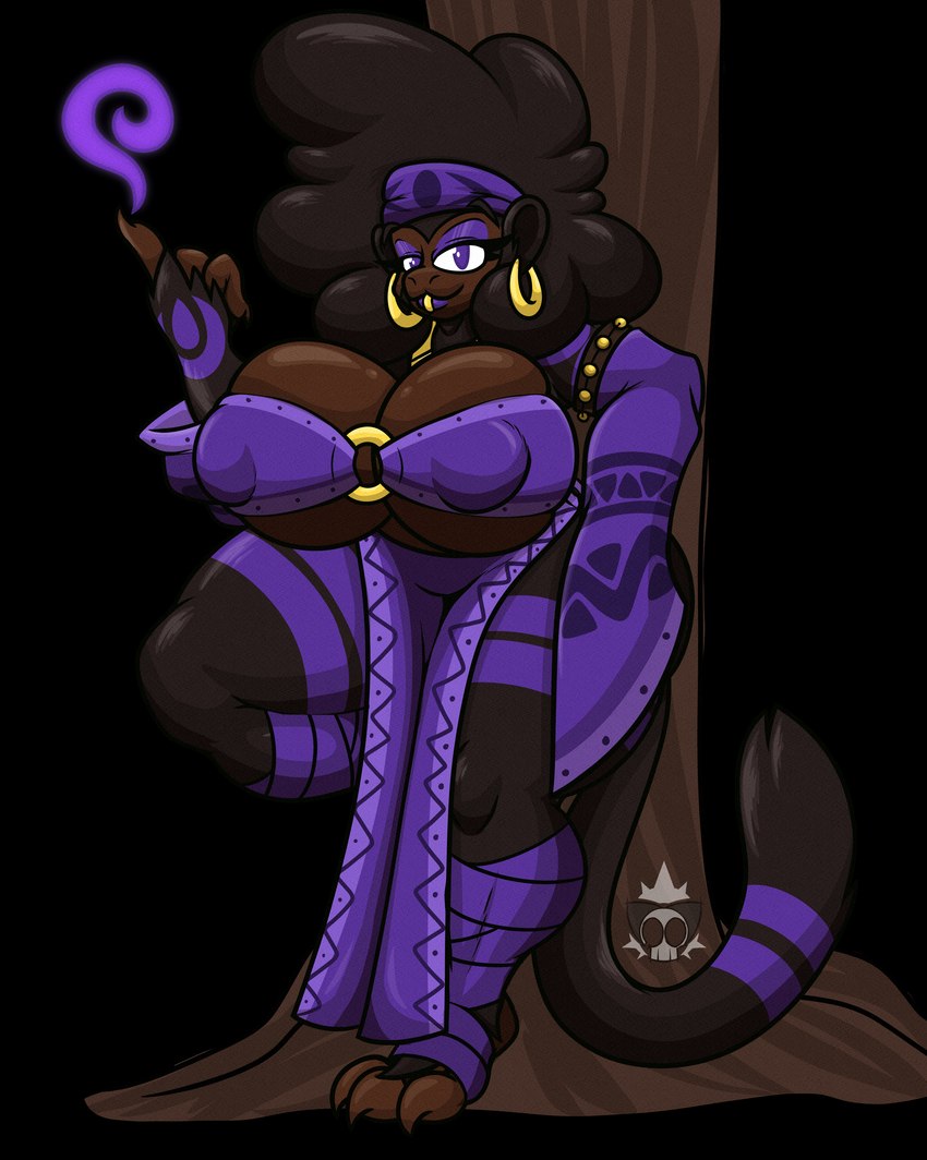 anthro armwear big_breasts bottomwear breasts brown_body brown_fur clothed clothing dark_body dark_skin ear_piercing elbow_gloves facial_piercing female fluffy fluffy_hair fur gloves hair handwear leaning lip_piercing lipstick looking_at_viewer magic magic_user makeup markings piercing plant purple_eyes simple_background skimpy solo tail thick_thighs topwear transparent_background tree wraps mr.ink_(artist) nikki_keita_(mr.ink) haplorhine humanoid mammal monkey primate absurd_res alpha_channel digital_media_(artwork) hi_res