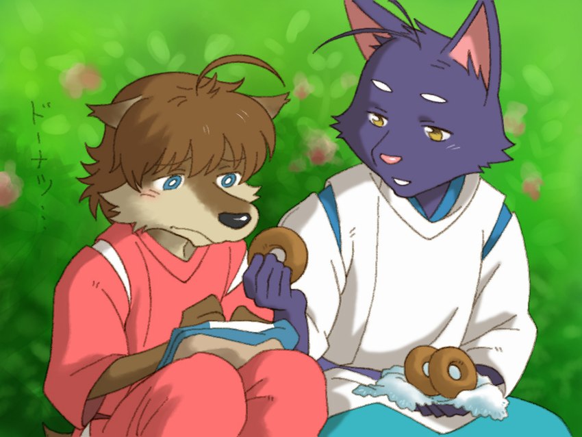 anthro bangs blue_clothing blue_eyes brown_hair clothing dessert doughnut duo food fur hair male parody pastry pink_clothing pink_nose purple_body purple_fur shirt text topwear white_clothing white_shirt white_topwear yellow_eyes shirako ghibli morenatsu spirited_away shin_(morenatsu) shun_(morenatsu) canid canine canis domestic_cat felid feline felis mammal wolf 2014 4:3 colored japanese_text translated