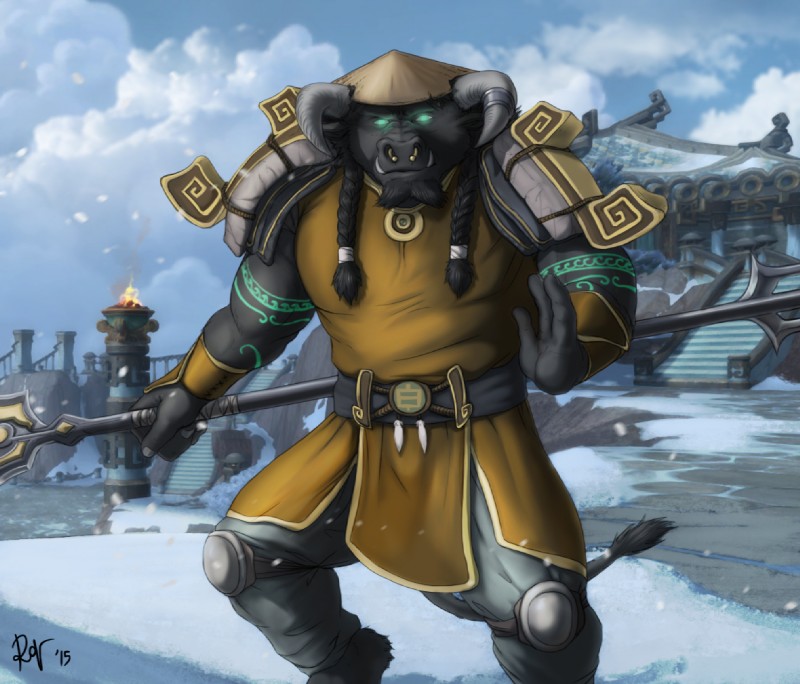 3_fingers anthro armor beard biceps black_body black_fur black_hair blue_sky braided_hair cloth clothed clothing cloud day detailed_background facial_hair facial_piercing fighting_pose fingers front_view fur glowing glowing_eyes green_eyes hair hat headgear headwear holding_object horn horn_jewelry horn_ring jewelry knee_pads looking_at_viewer male monk muscular muscular_anthro muscular_male nose_piercing nose_ring outside pauldron piercing pigtails pose ring_(jewelry) ring_piercing septum_piercing sky snow snowing solo staff tail tail_tuft tattoo temple tuft tusks twin_braids wristband rov blizzard_entertainment warcraft katahe_wildmane monk_(warcraft) bovid bovine mammal tauren 2015 digital_media_(artwork) portrait signature three-quarter_portrait