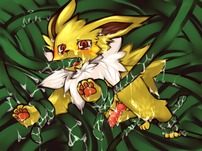 balls bodily_fluids cum digitigrade erection feral forced genital_fluids genitals knot male penis quadruped rape red_eyes sex solo tentacle_rape tentacle_sex tentacles tentacles_everywhere tongue kosian nintendo pokemon eeveelution generation_1_pokemon jolteon pokemon_(species) 4:3