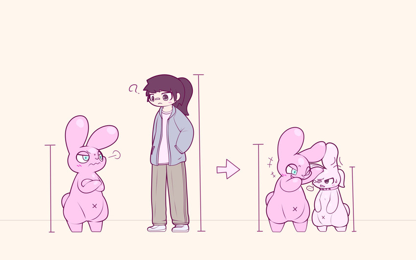 ambiguous_gender annoyed anthro before_and_after collar collar_only crossed_arms duo hair human_to_anthro navel nude ponytail question_mark shrinking simple_background size_transformation smile species_transformation standing transformation white_background x_navel pink_ball_smoke human lagomorph leporid mammal rabbit 16:10 2021 hi_res widescreen