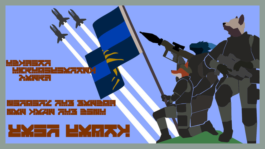 anthro border flag flag_(object) green_border group male poster poster_template recruitment recruitment_poster spacecraft text vehicle weapon manual_control_(artist) mythology canid canine canis dragon fox mammal mythological_creature mythological_scalie scalie wolf 16:9 widescreen