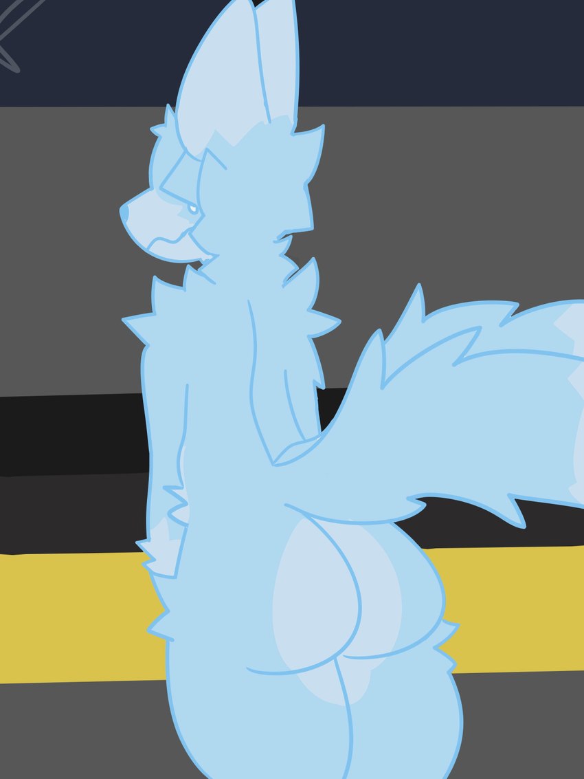 2_tails anthro big_butt blue_body blue_fur blue_line_art butt embarrassed femboy fur male multi_tail multicolored_body presenting solo tail thick_thighs fr3yo kaiju_paradise roblox ghostfox_gootraxian gootraxian 3:4 colored_line_art hi_res